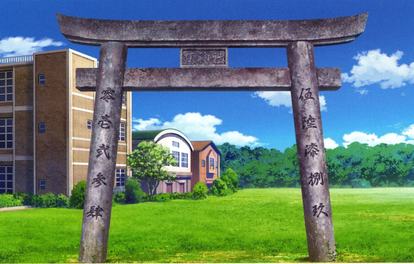 Photo wallpaper green grass, characters, Japan, school, blue sky, visual novel, torii gate, Surah Of The Digit