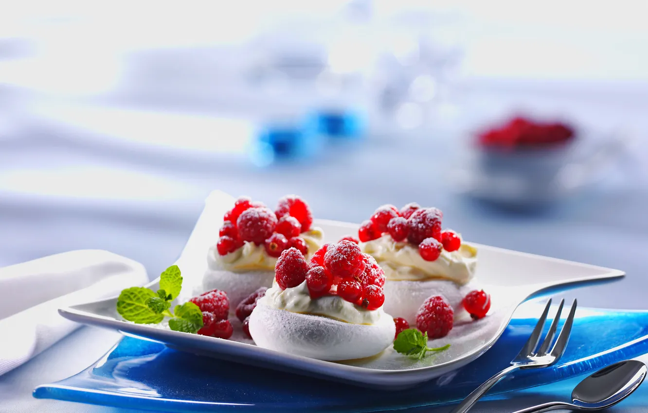 Photo wallpaper raspberry, food, cream, dessert, sweet, cream, dessert, mint