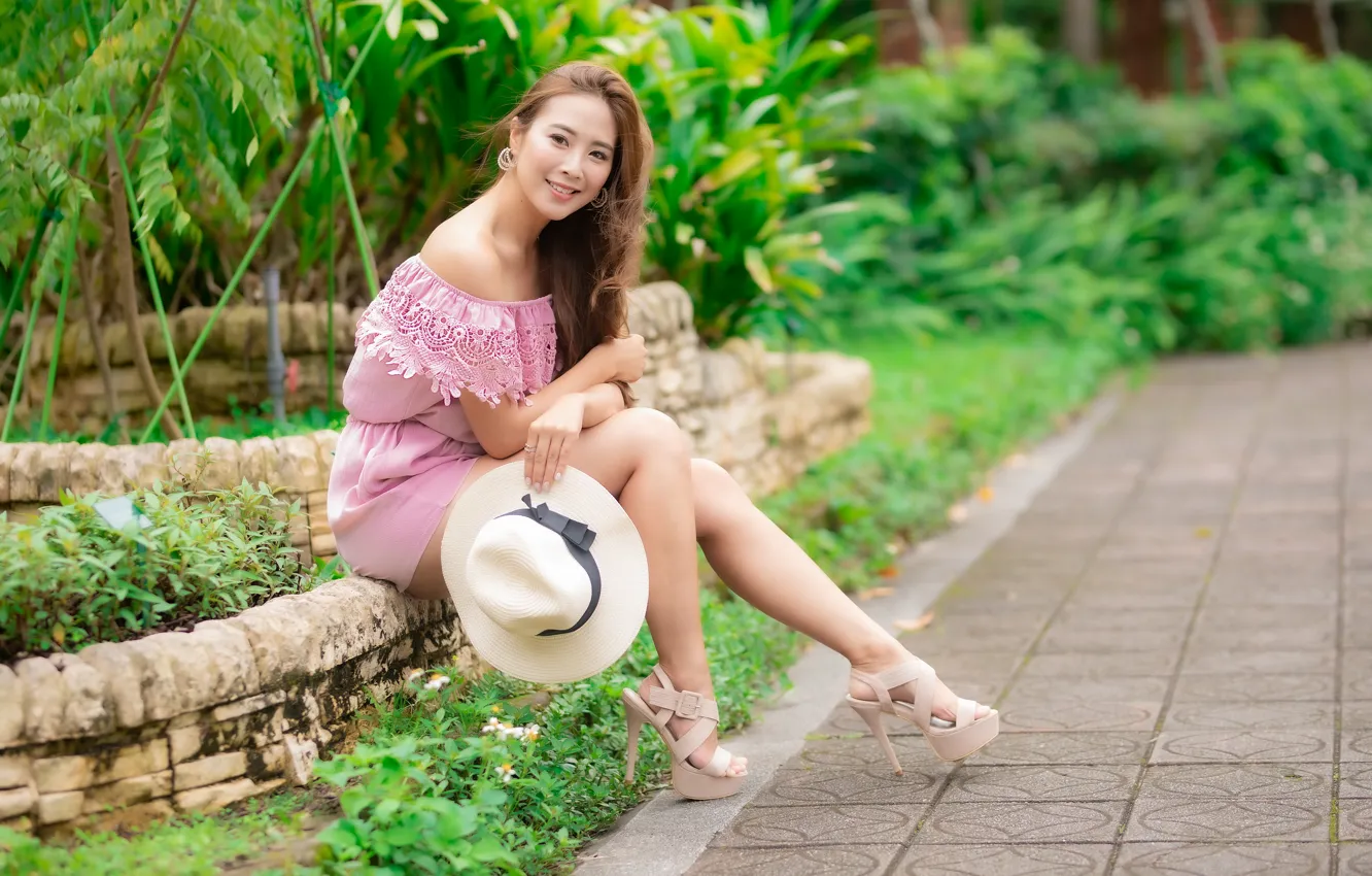 Photo wallpaper girl, hat, Asian, beautiful legs
