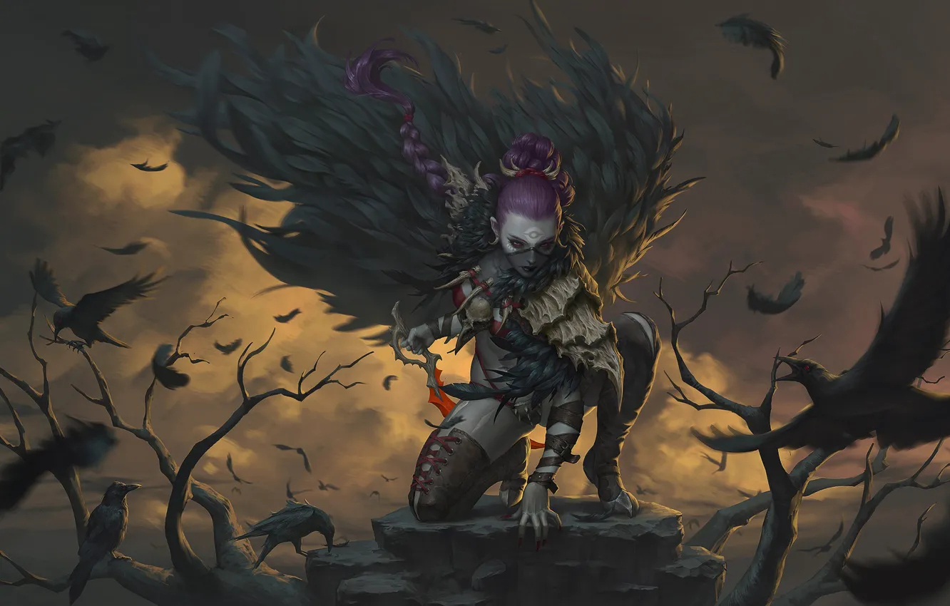 Photo wallpaper girl, bird, feathers, crows