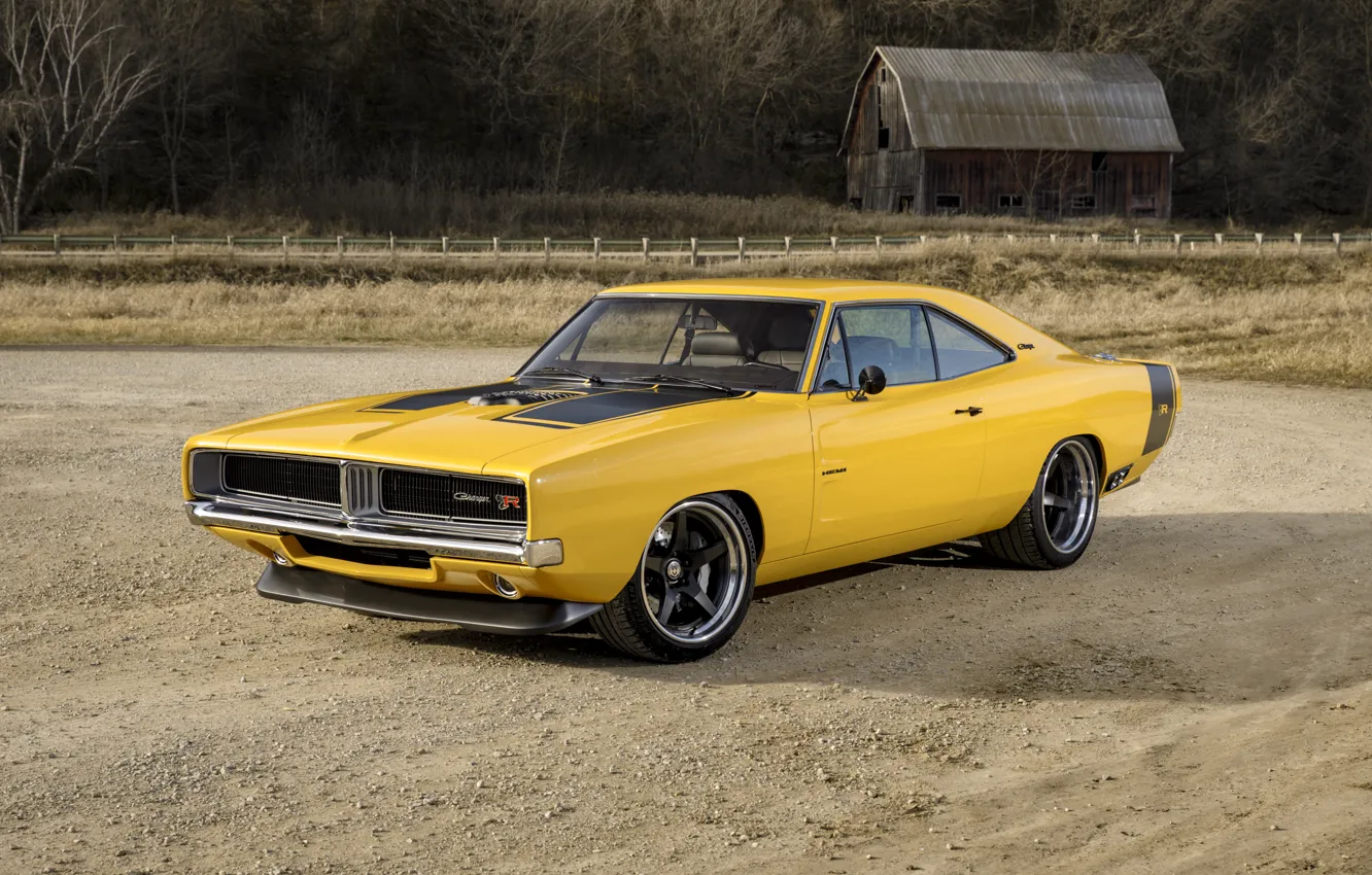 Photo wallpaper 1969, Dodge, house, road, Front, yellow, Charger, Dodge Charger