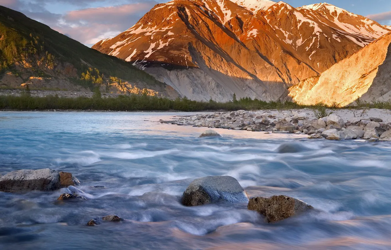 Photo wallpaper mountains, river, stones