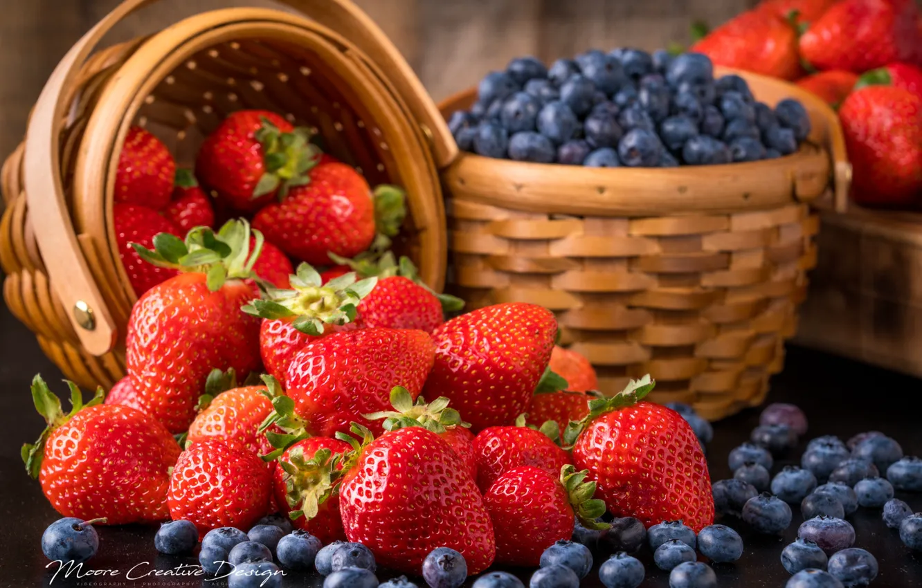Photo wallpaper berries, basket, strawberry, blueberries