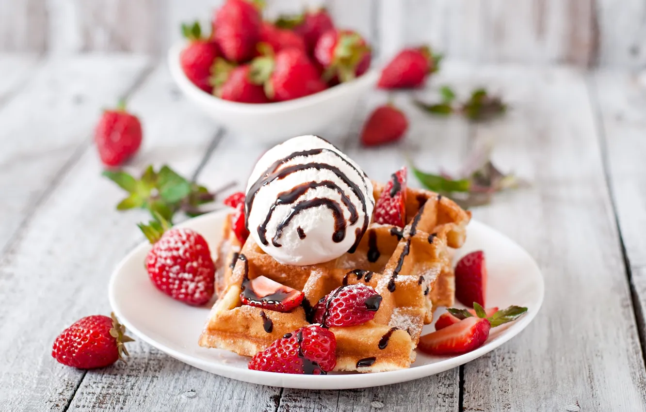 Photo wallpaper berries, strawberry, plate, ice cream, dessert, waffles