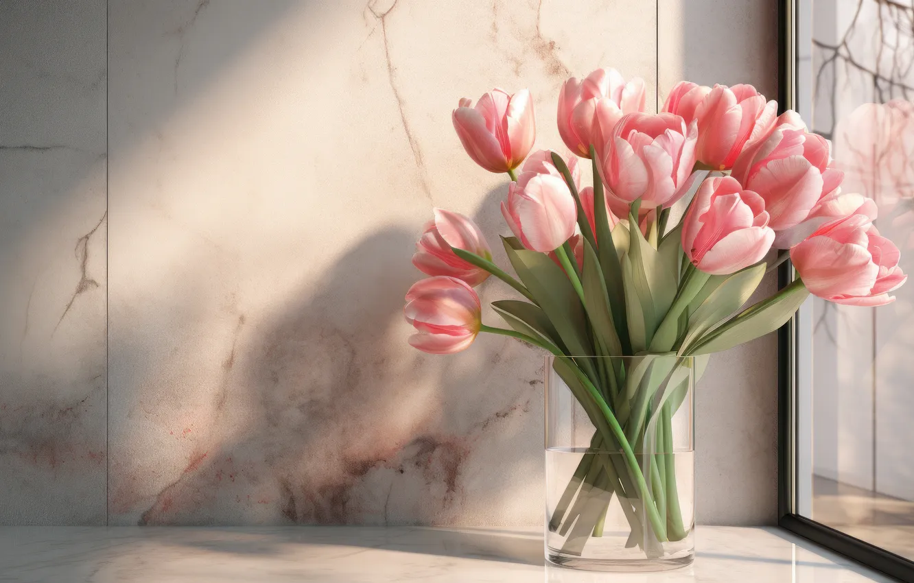 Photo wallpaper flowers, bouquet, spring, tulips, pink, AI art, neural network