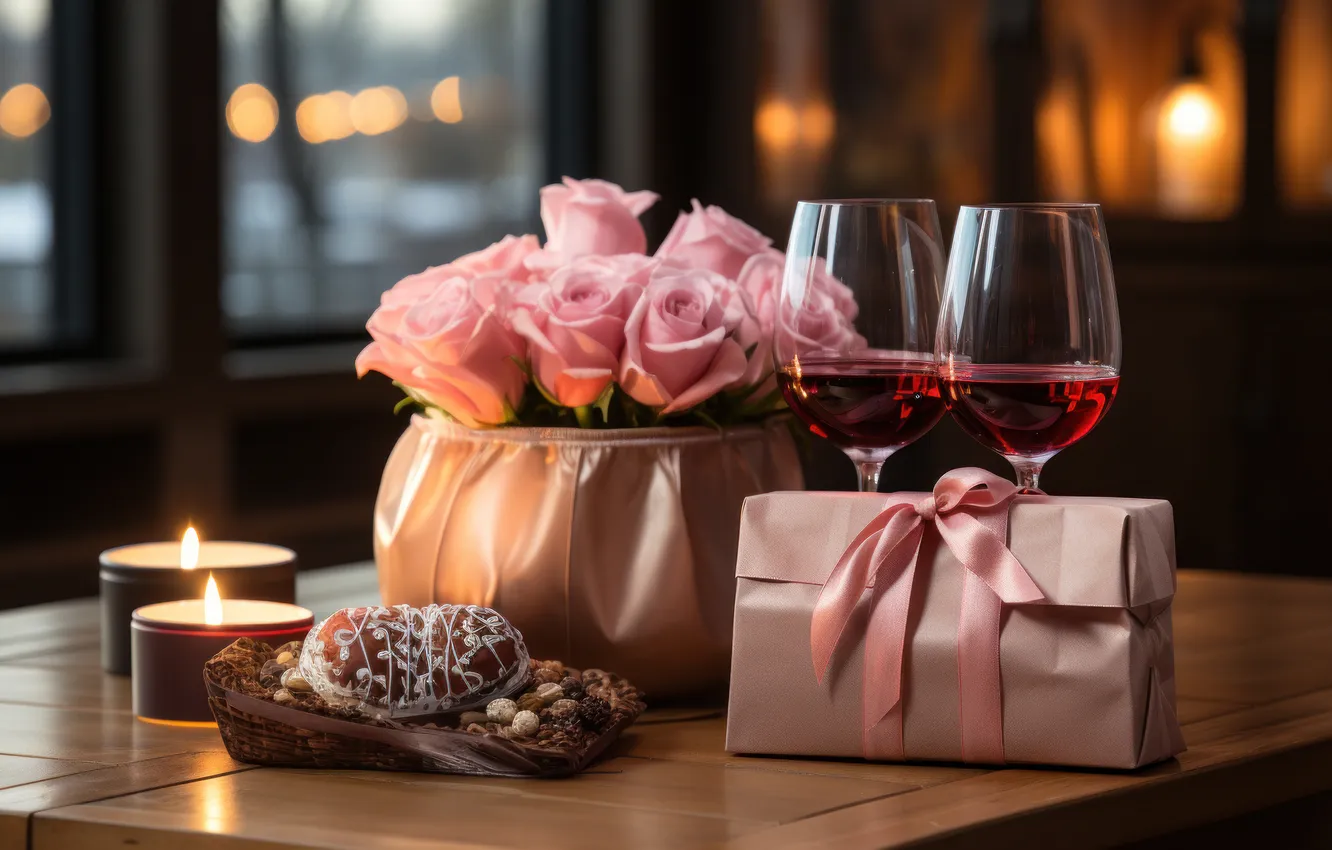 Photo wallpaper flowers, birthday, holiday, roses, bouquet, candles, Valentine's day, March 8