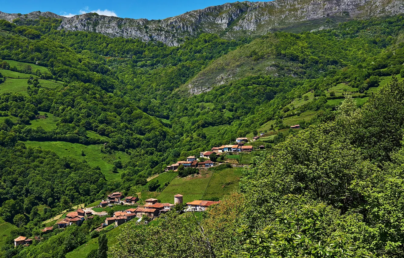 Photo wallpaper mountains, field, panorama, houses, Spain, forest, Asturias, Proaza