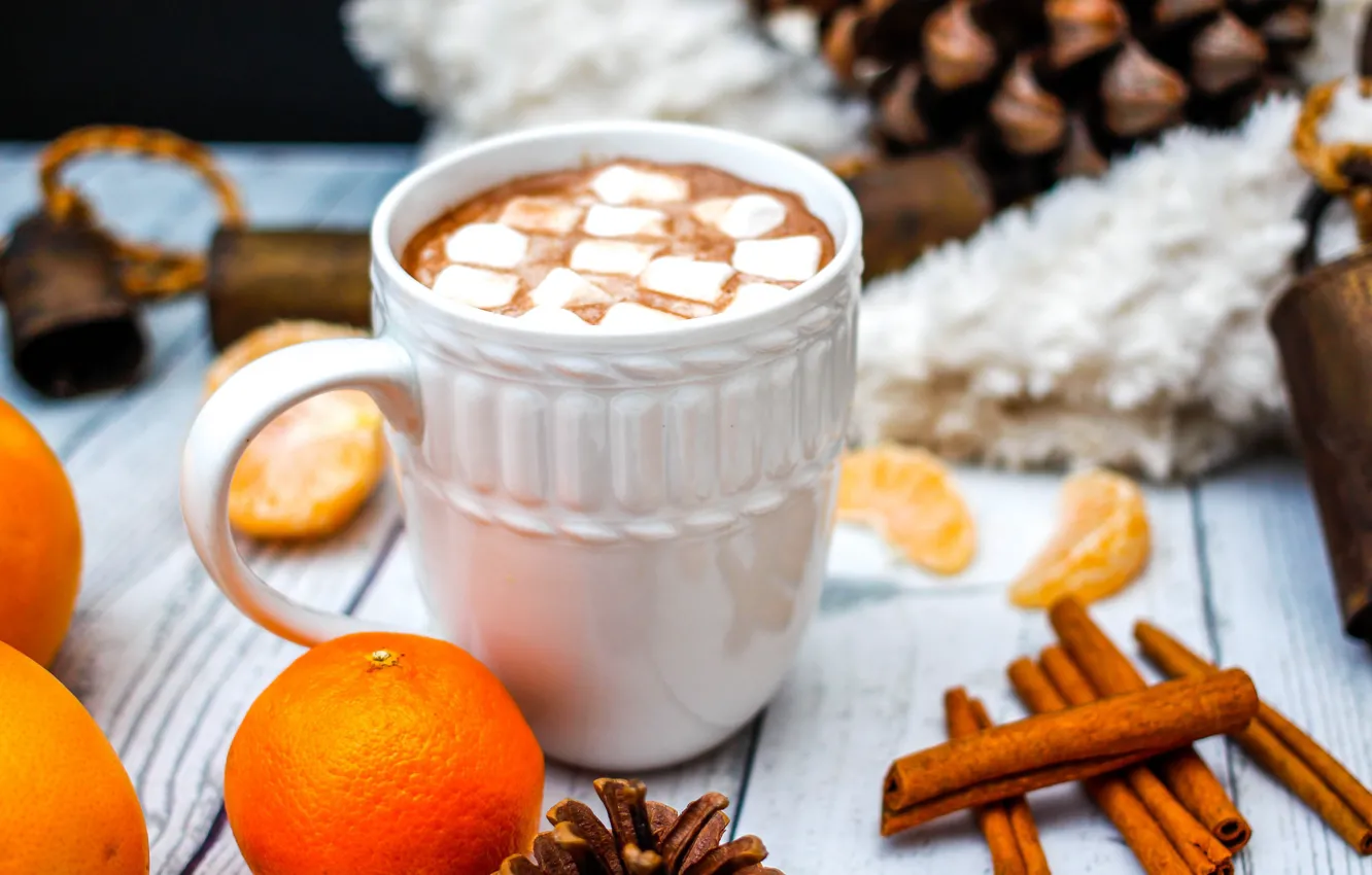 Photo wallpaper coffee, cinnamon, tangerines