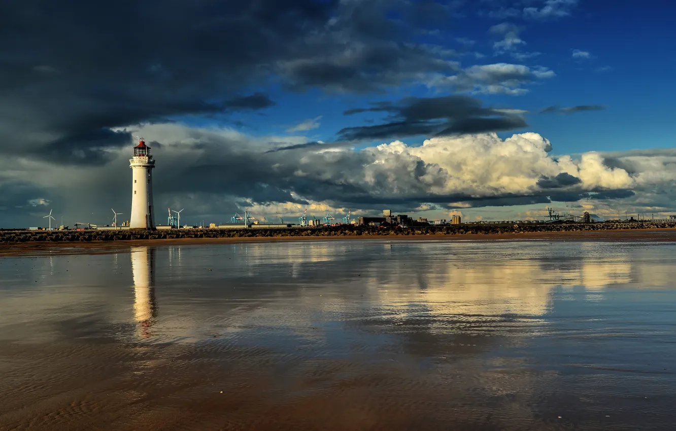 Photo wallpaper sand, sea, the sky, clouds, light, clouds, reflection, blue