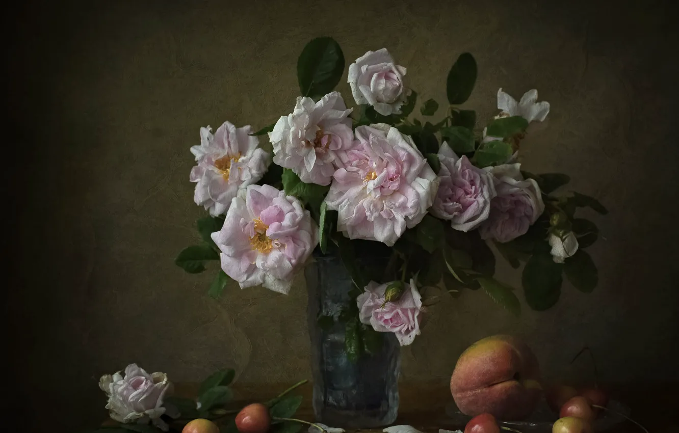 Photo wallpaper berries, table, food, roses, bouquet, vase, pink, still life