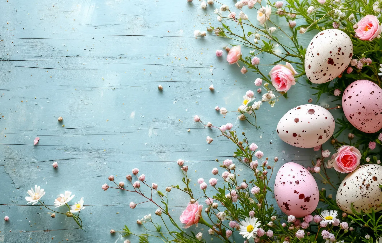 Photo wallpaper flowers, sprig, holiday, Board, roses, eggs, bouquet, spring