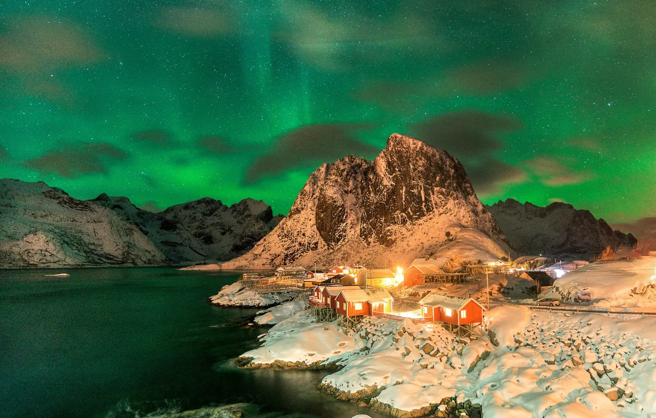 Photo wallpaper stars, night, Northern lights, Norway, settlement, The Lofoten Islands