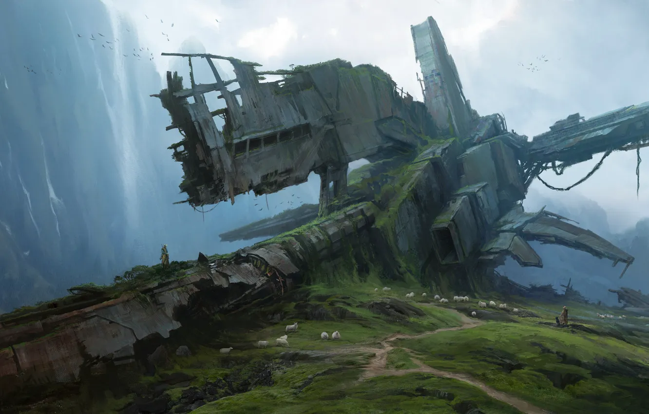 Photo wallpaper fantasy, animals, landscape, nature, science fiction, mountains, sci-fi, ruins