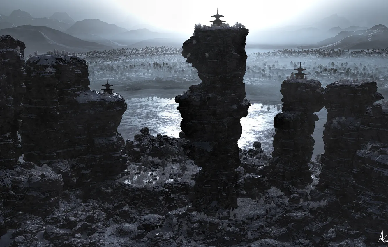 Photo wallpaper rocks, pond, Three shrines