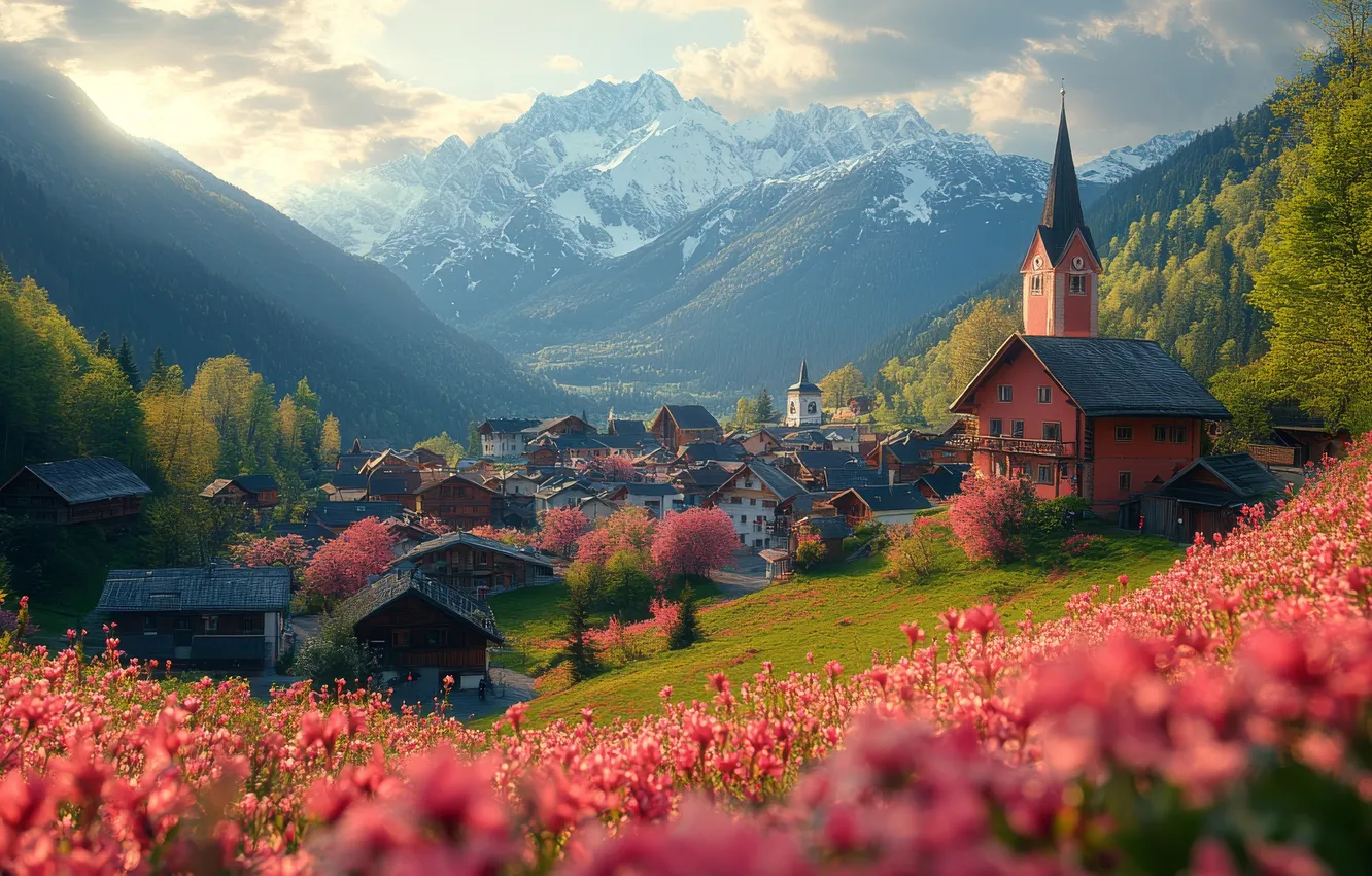 Photo wallpaper field, summer, clouds, landscape, flowers, mountains, nature, fog