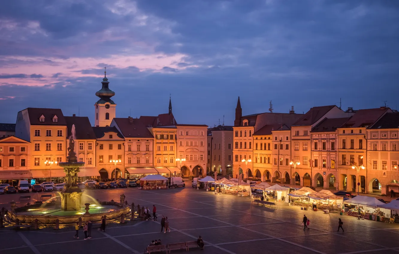 Photo wallpaper the city, the evening, Czech Republic, lighting, area, fountain, České Budějovice, Ceske Budejovice
