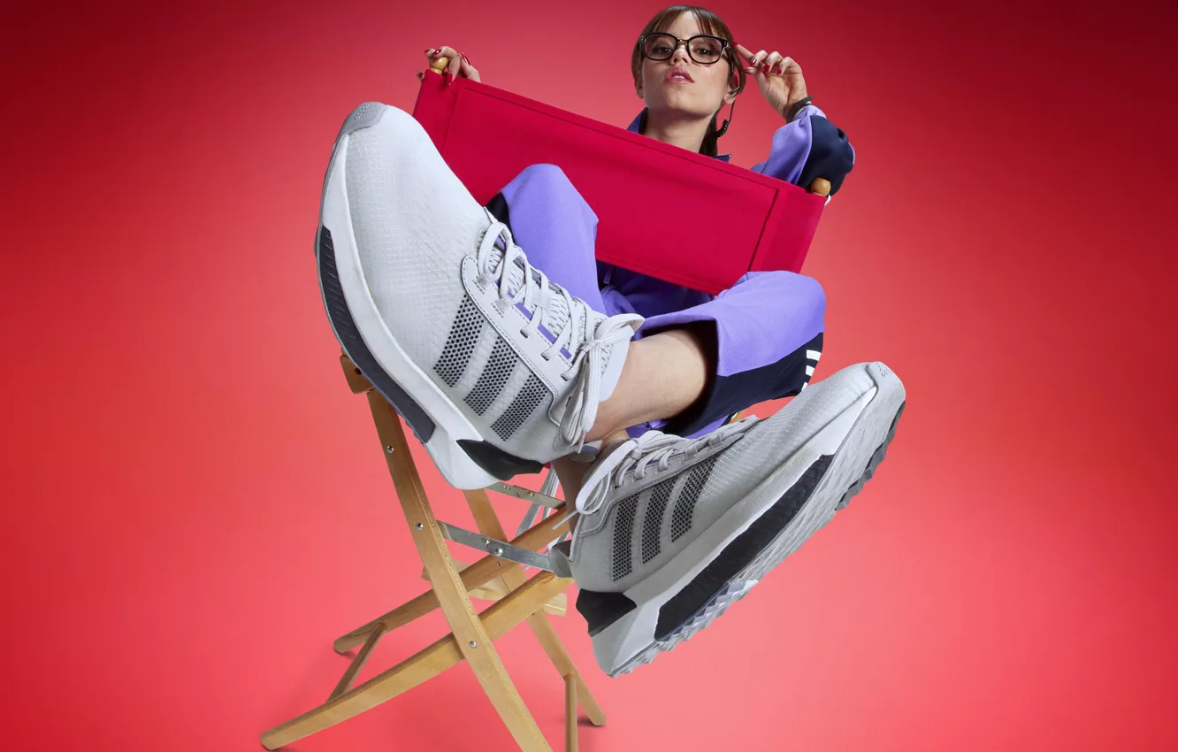 Photo wallpaper look, glasses, Adidas, red background, sneakers, Adidas, Jenna Ortega, Jenna Ortega