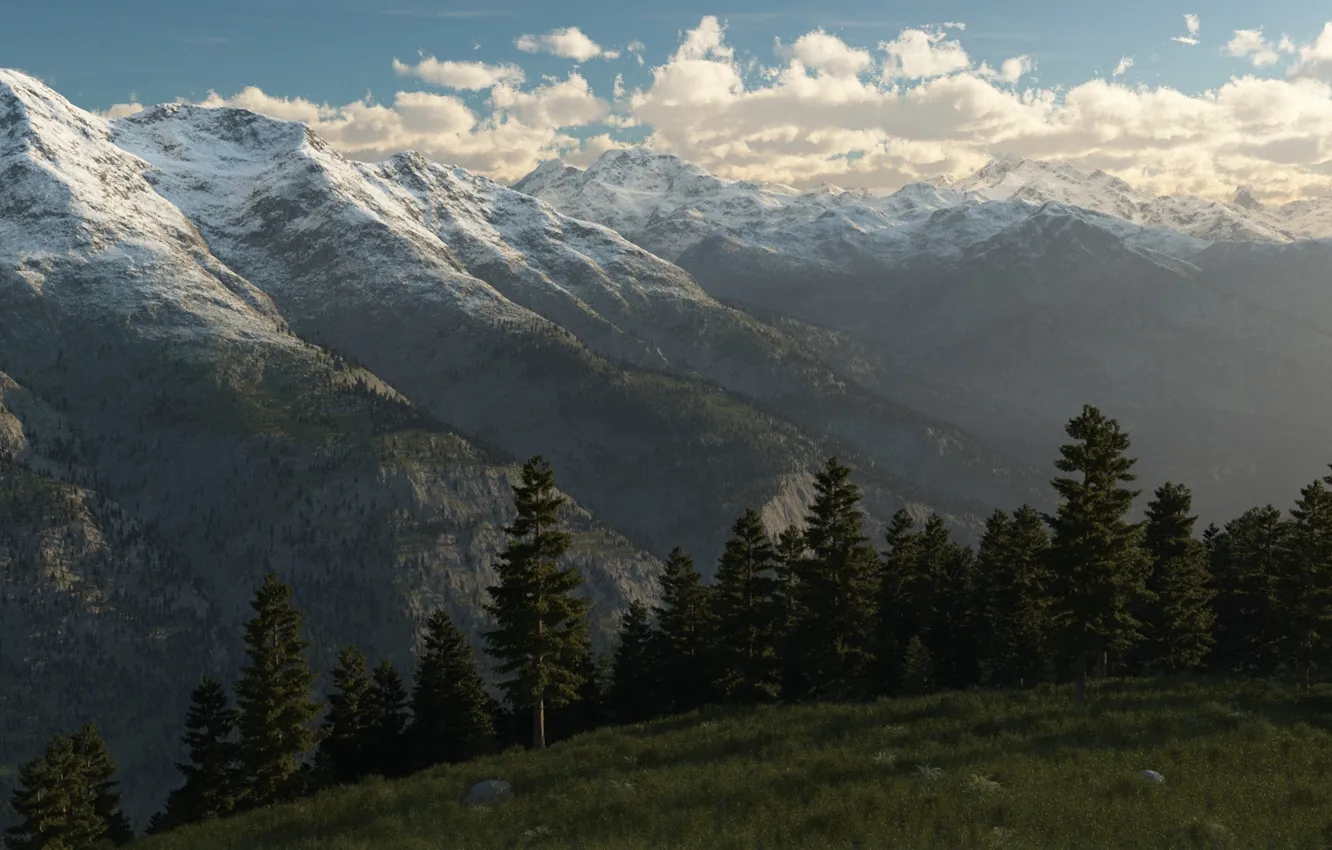 Photo wallpaper forest, snow, trees, landscape, mountains, hills, tops, spruce