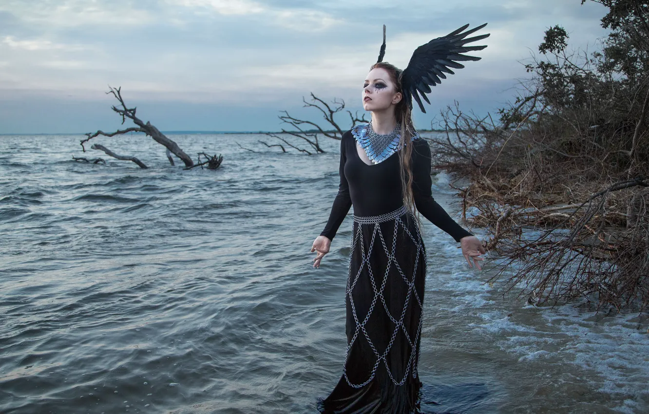 Photo wallpaper sea, girl, pose, the situation, makeup, dress, chain, wings