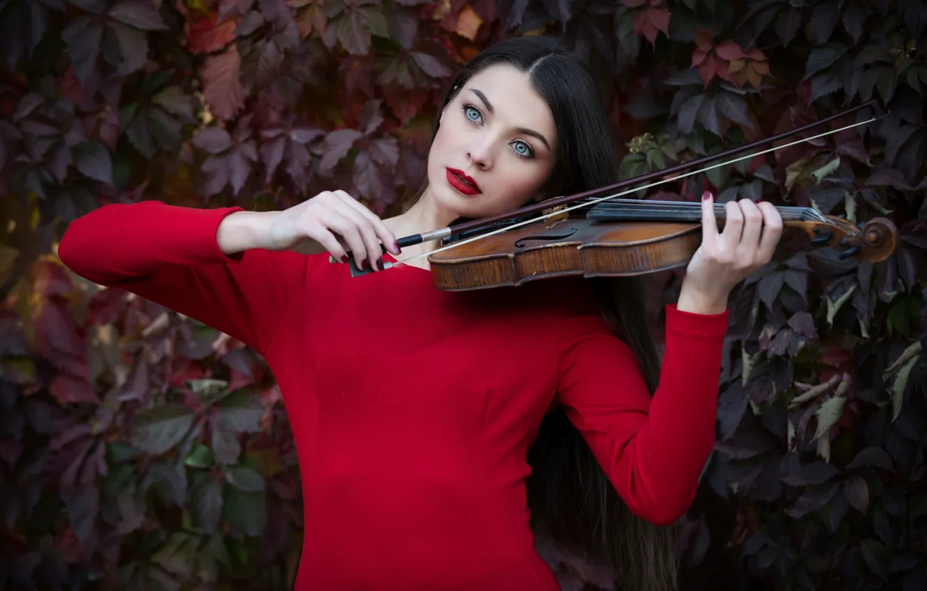 Photo wallpaper autumn, girl, violin, makeup, in red, Autumn sonata