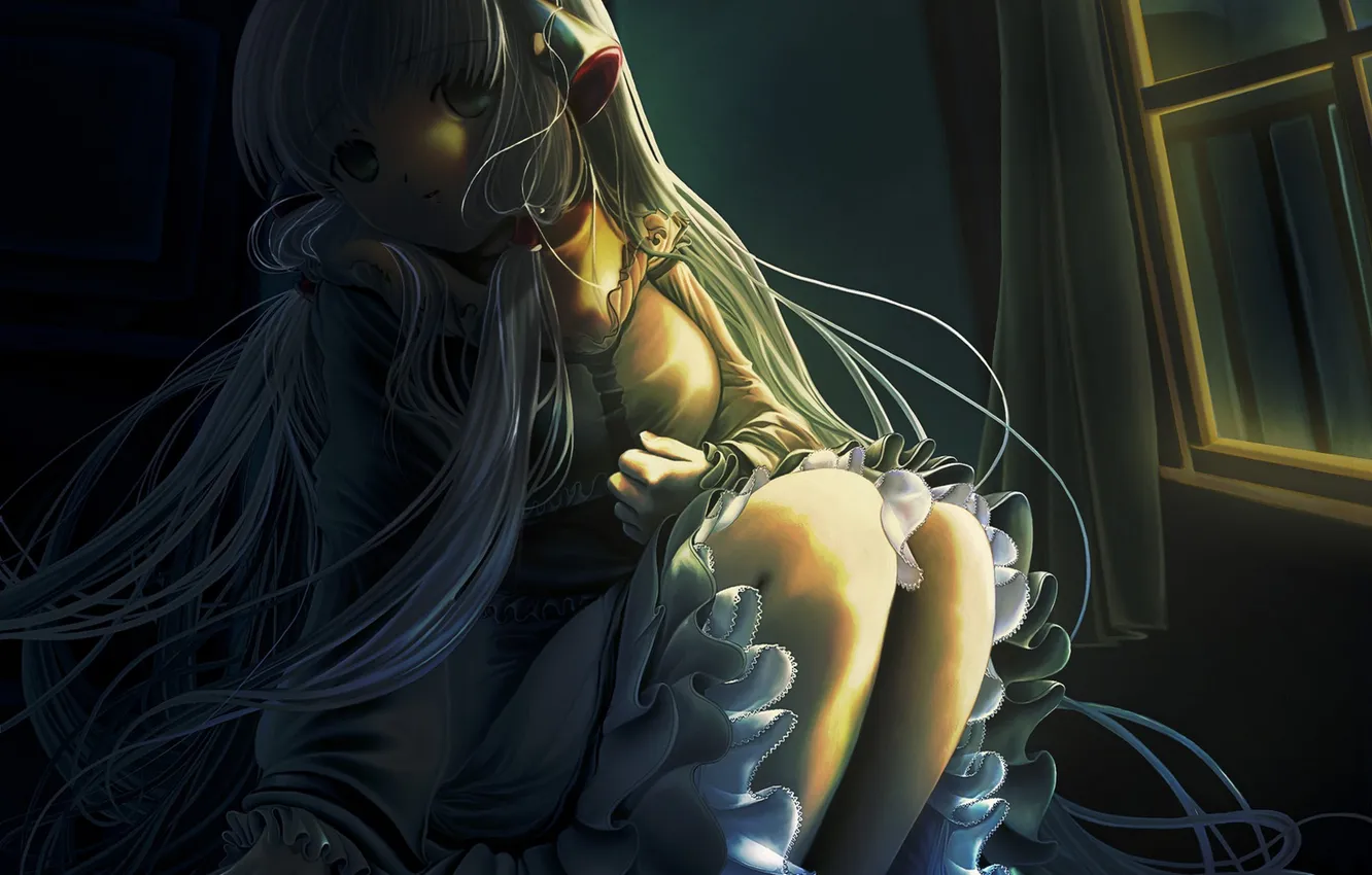 Photo wallpaper girl, night, anime, window, art, sitting, chii, chobits