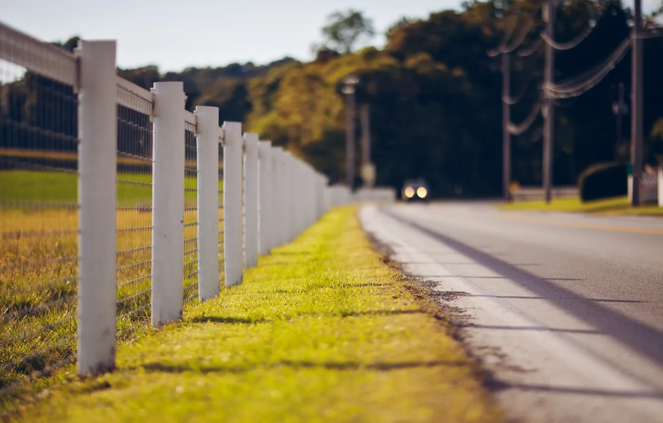 Photo wallpaper road, grass, the fence, fence