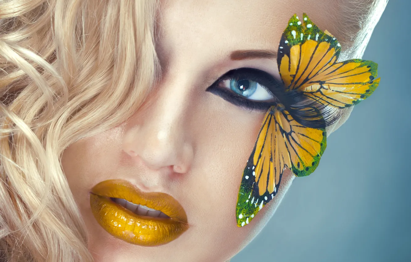 Photo wallpaper eyes, look, girl, face, eyelashes, butterfly, model, hair