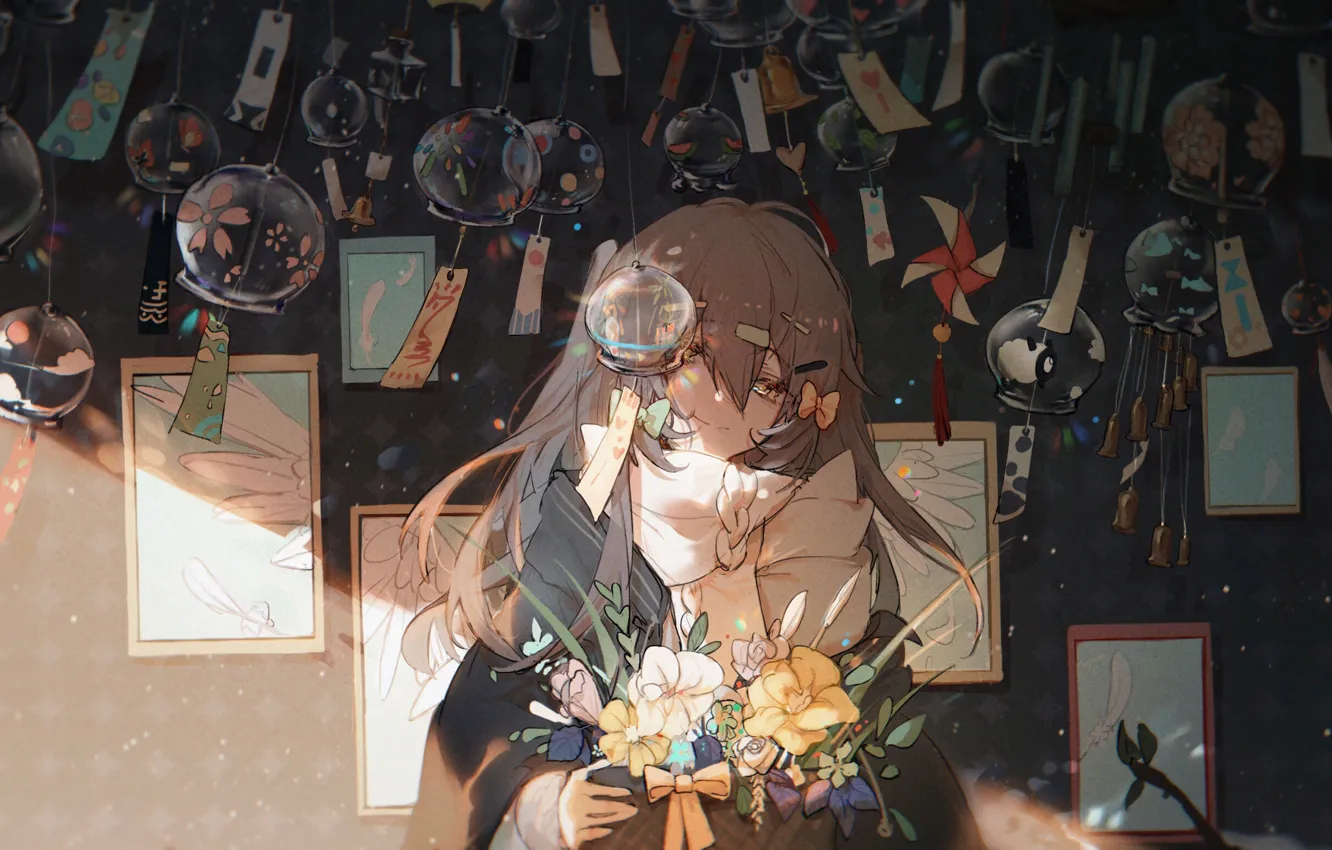 Photo wallpaper girl, flowers, bells