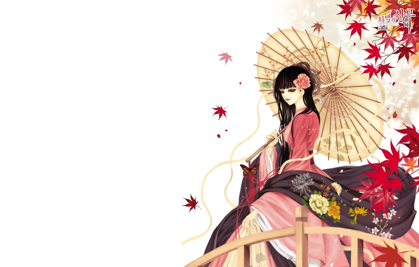 Photo wallpaper umbrella, Japanese, Girl, beauty, kimono