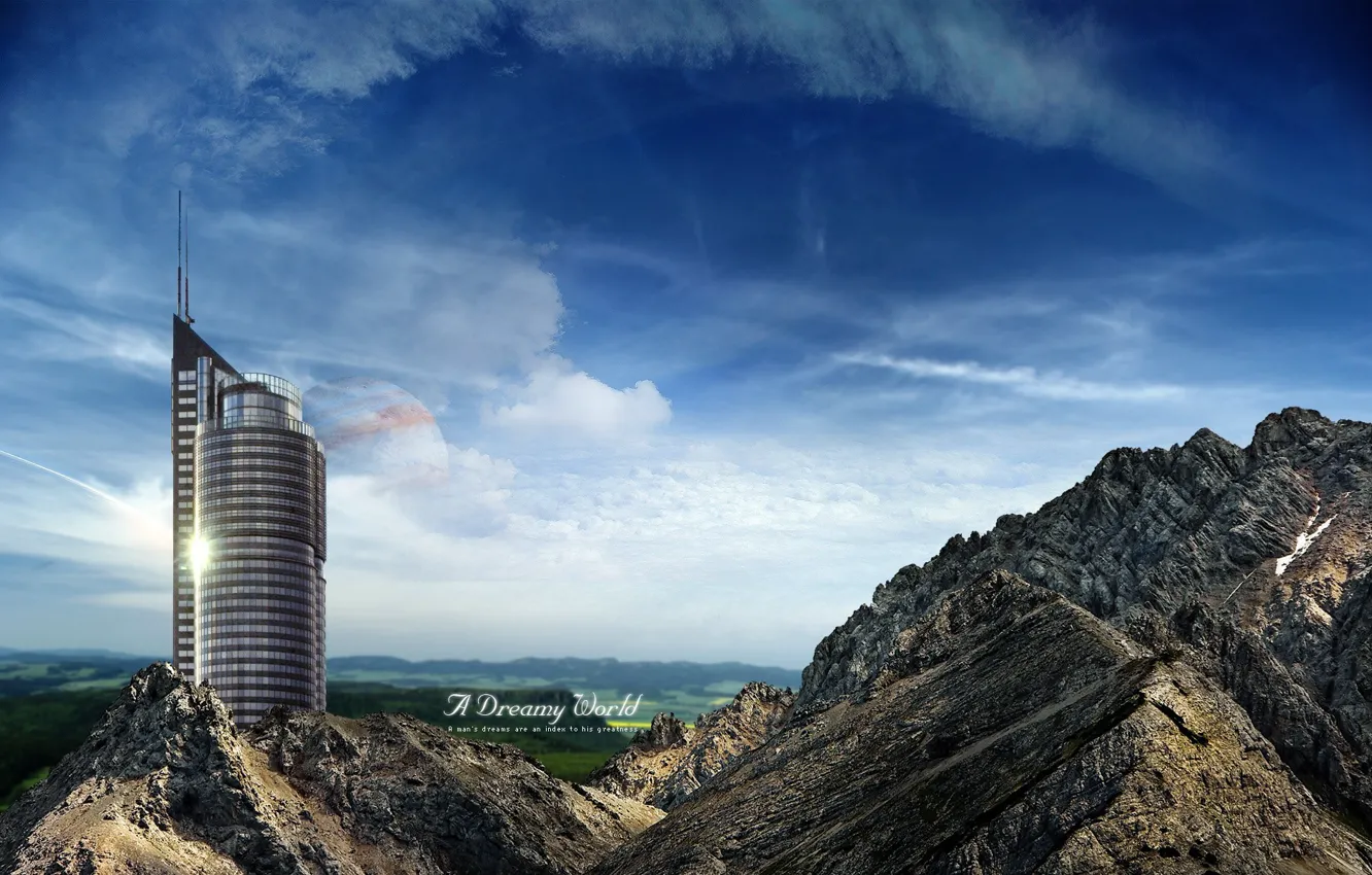 Photo wallpaper the sky, mountains, skyscrapers, Dreamy World