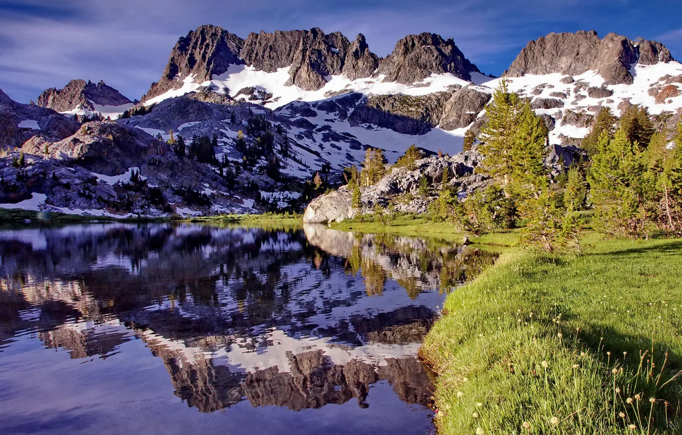 Photo wallpaper the sky, mountains, lake, reflection, rocks
