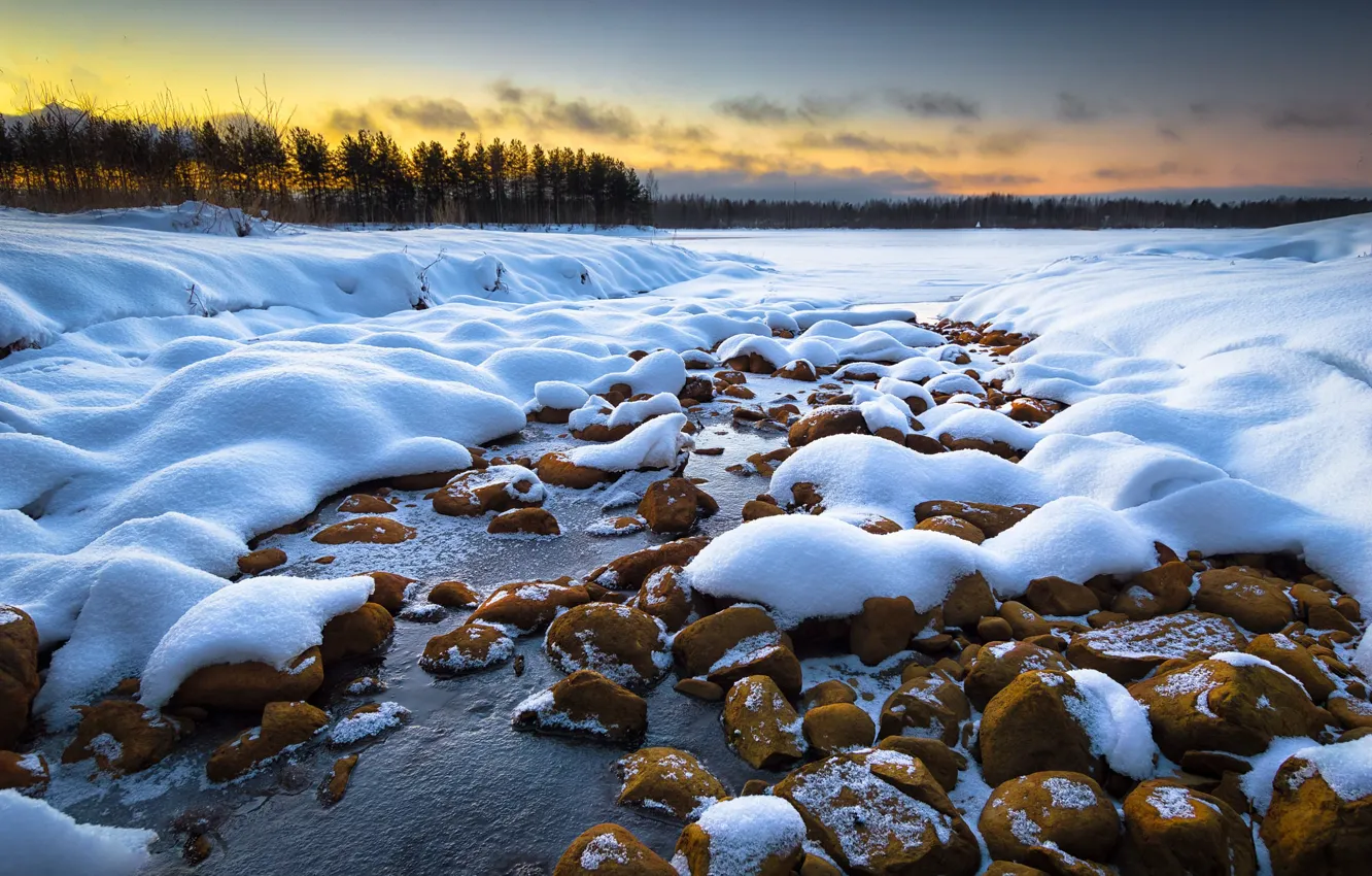 Photo wallpaper winter, snow, dawn, morning, Finland, Joensuu