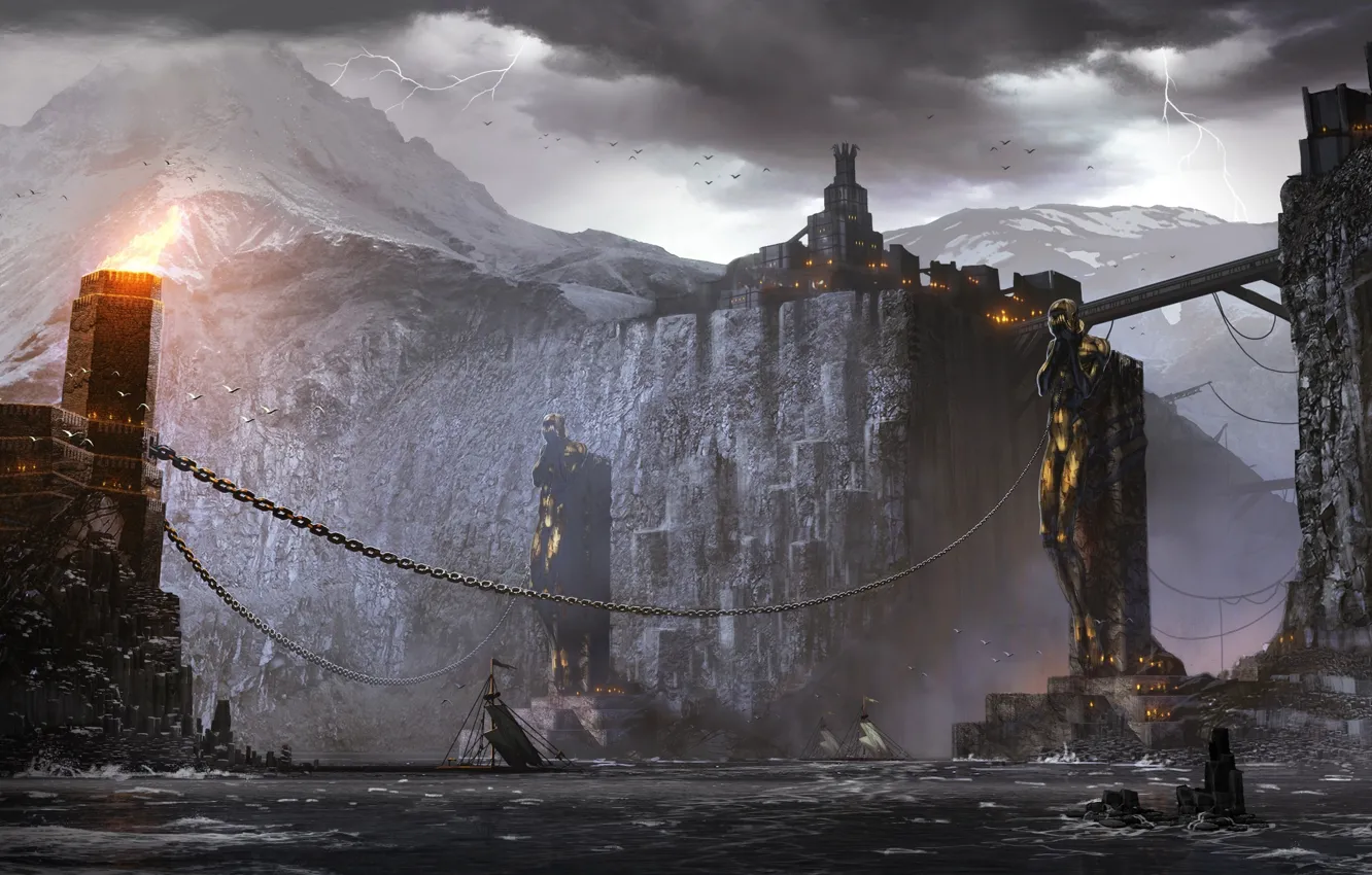 Photo wallpaper the storm, snow, mountains, the city, lights, rocks, flame, lightning