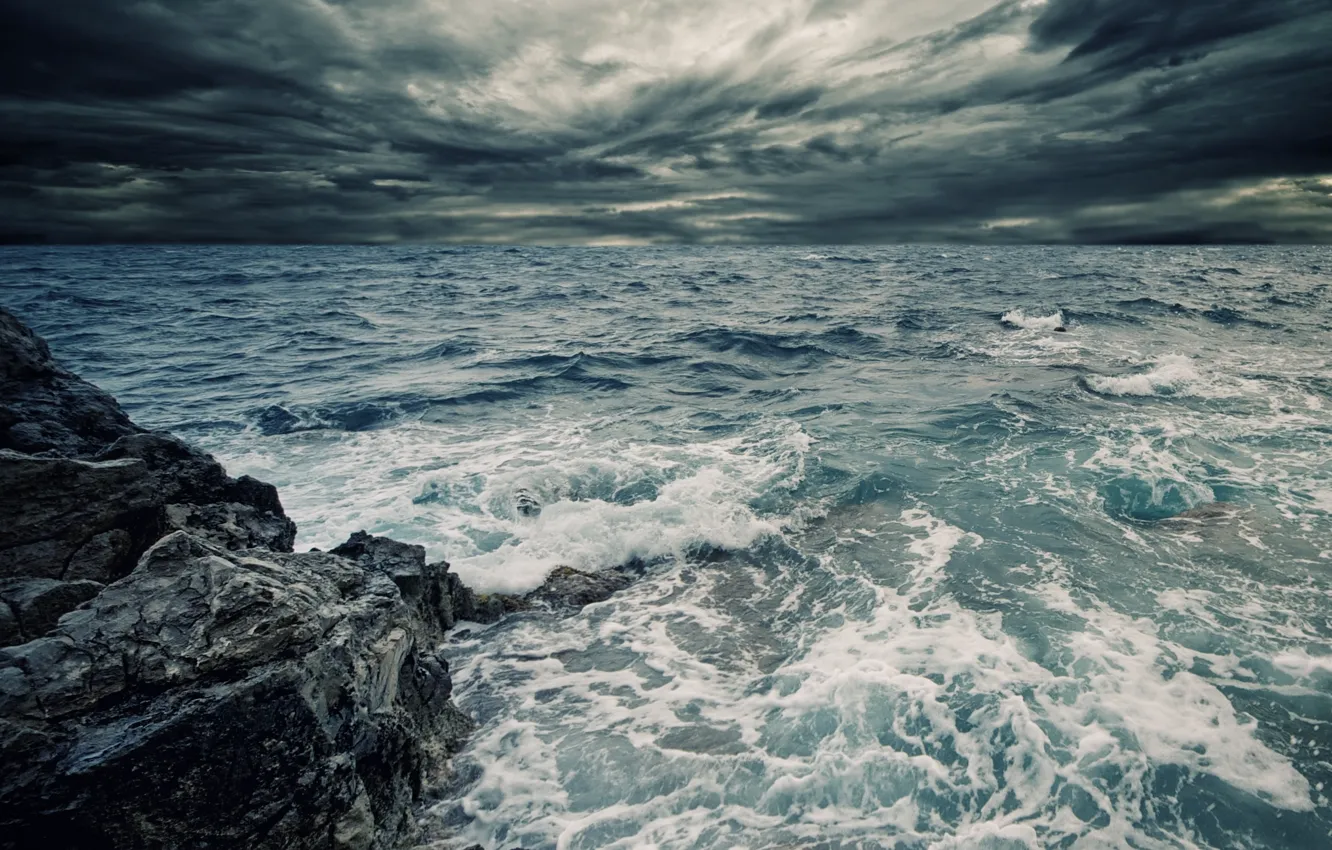 Photo wallpaper sea, wave, the sky, water, squirt, clouds, rock, overcast