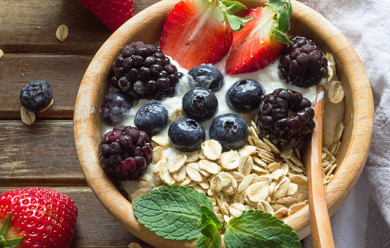 Photo wallpaper berries, milk, strawberry, blueberries, oatmeal