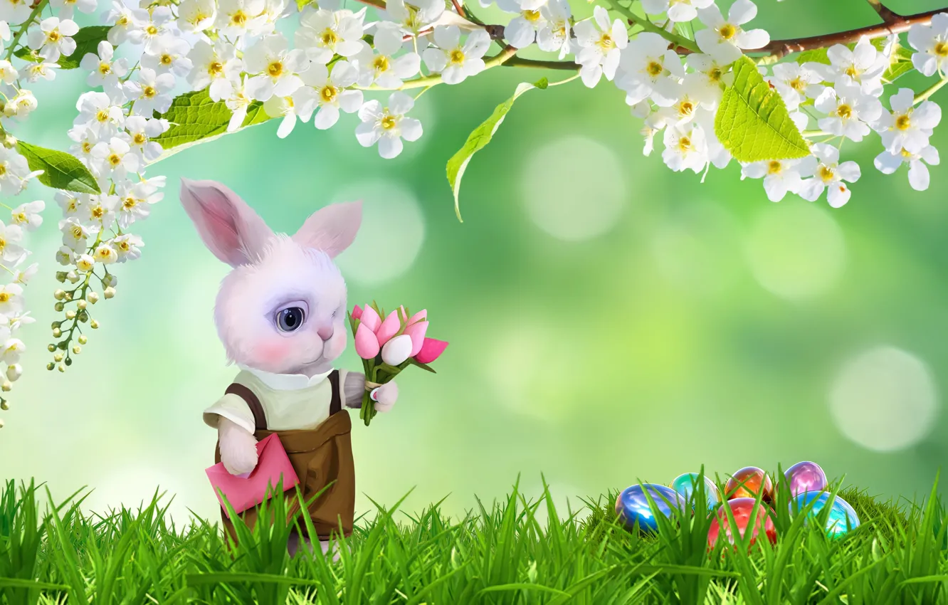 Photo wallpaper grass, eggs, bouquet, spring, Easter, the Easter Bunny, flowering branch