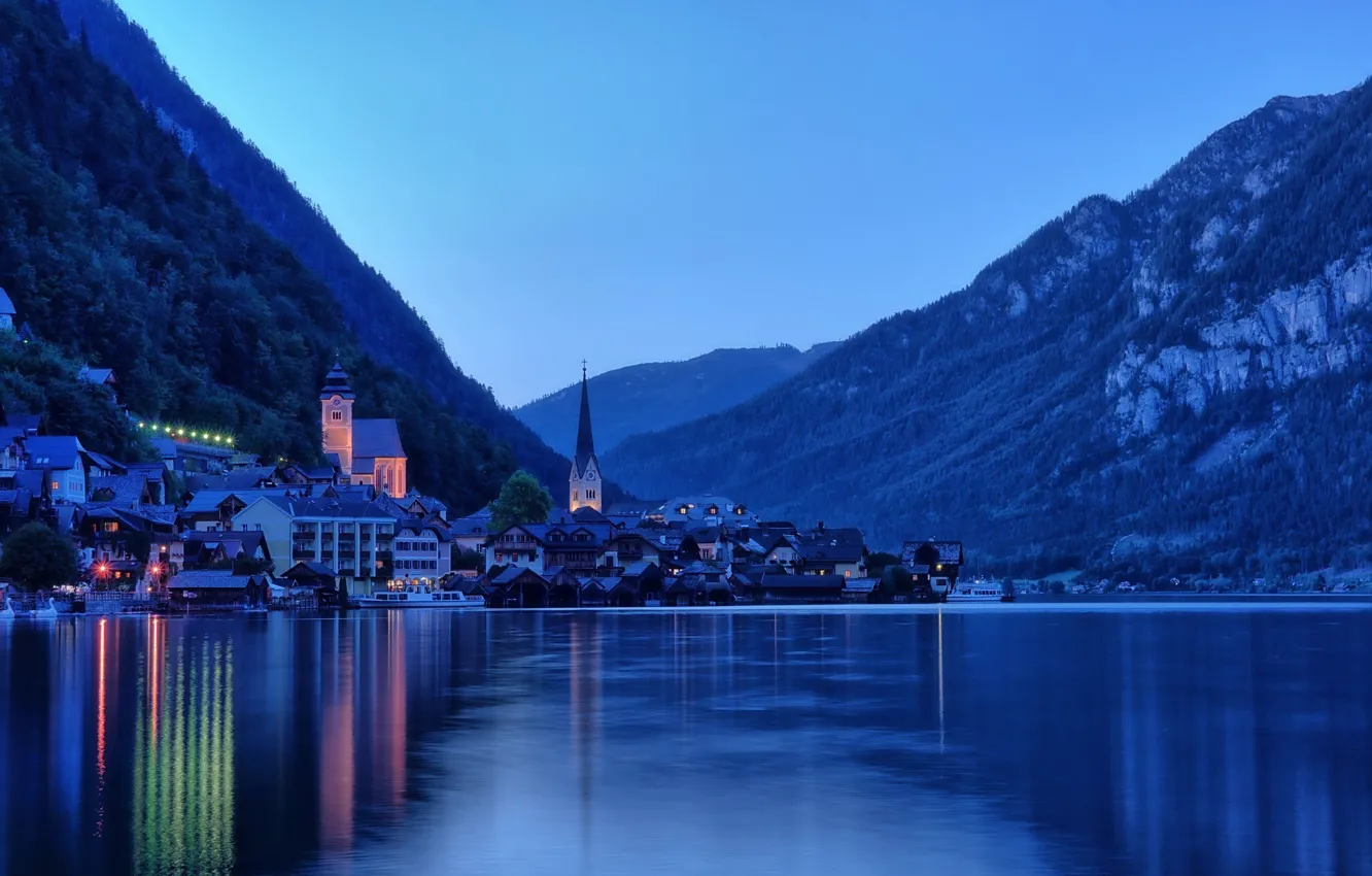 Photo wallpaper landscape, mountains, lake, tower, home, Austria, town, twilight