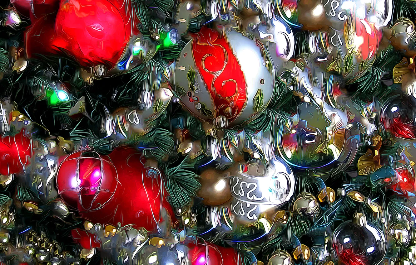 Photo wallpaper rendering, balls, tree, new year, Christmas, decoration