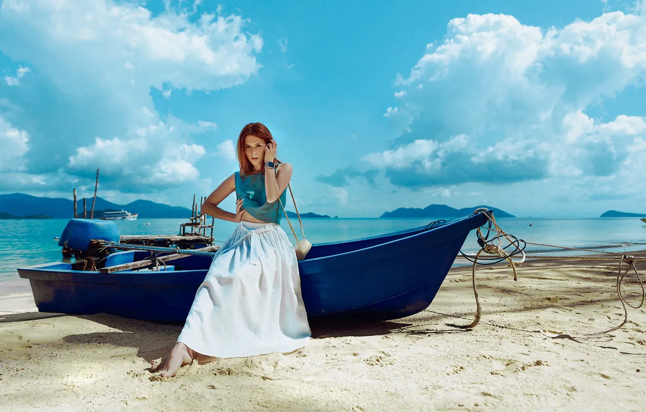 Photo wallpaper sand, sea, beach, look, the sun, landscape, model, boat