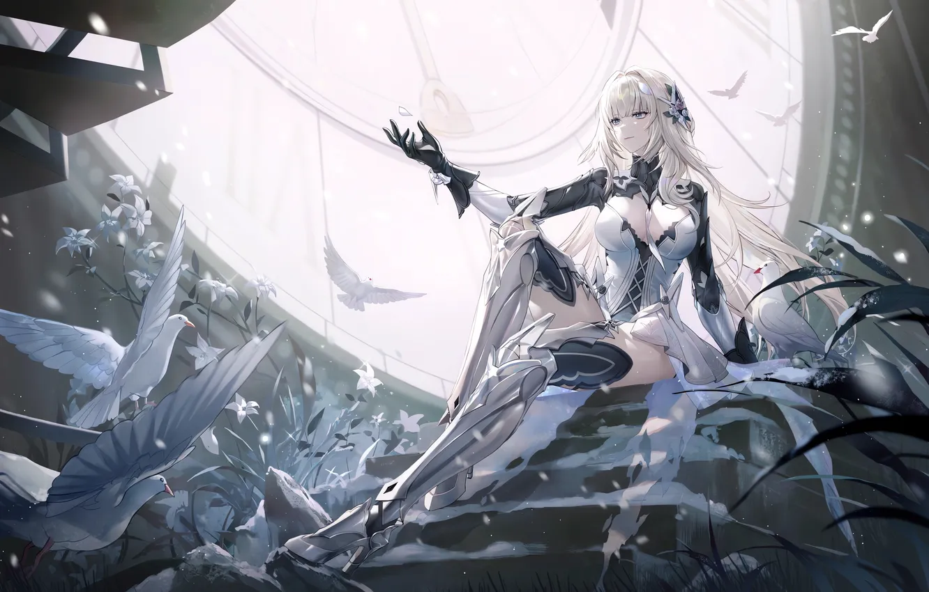 Photo wallpaper long hair, anime, blue eyes, blonde, smiling, sitting, thighs, Big boobs