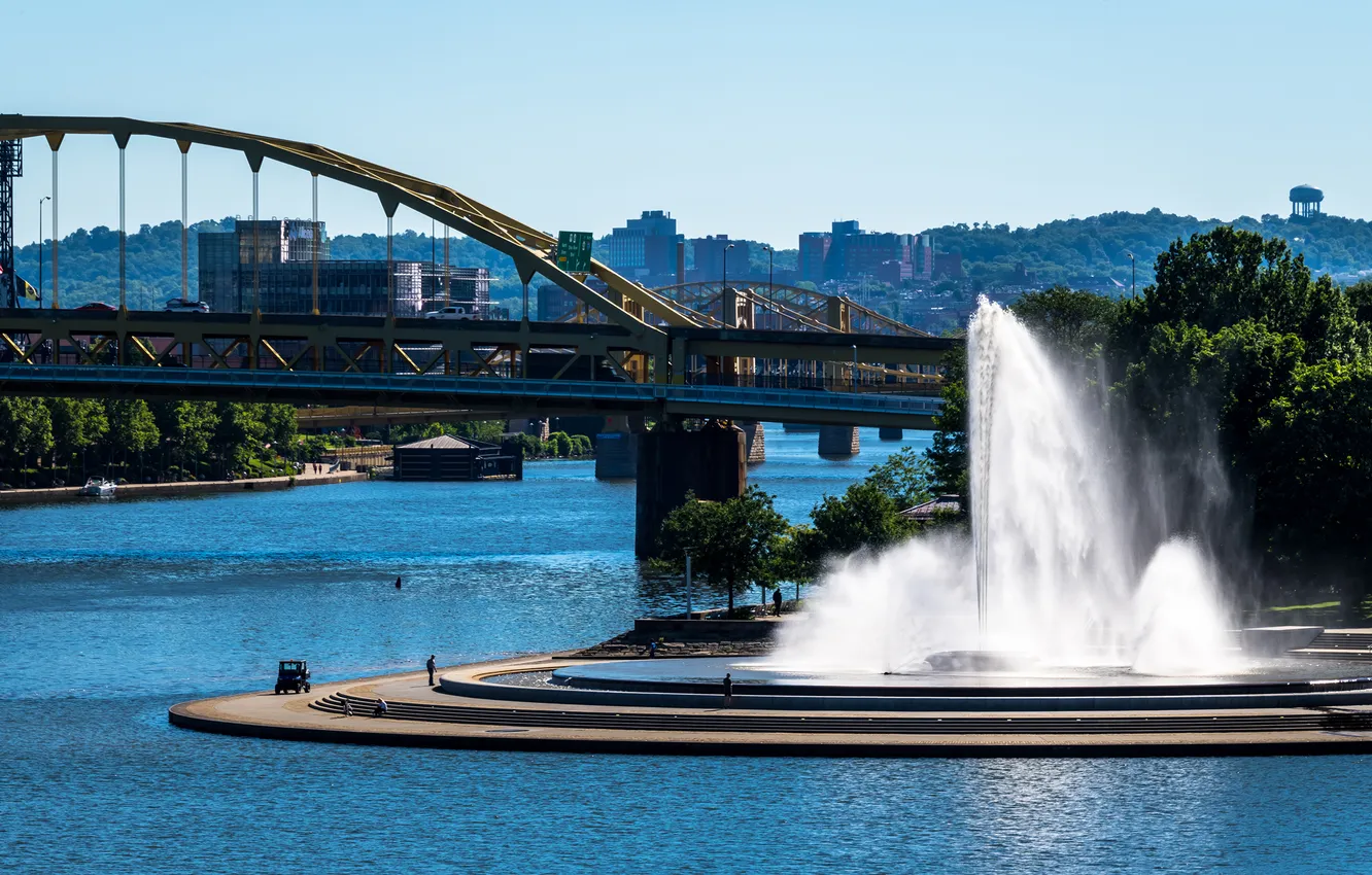Photo wallpaper bridge, fountain, USA, Pittsburgh