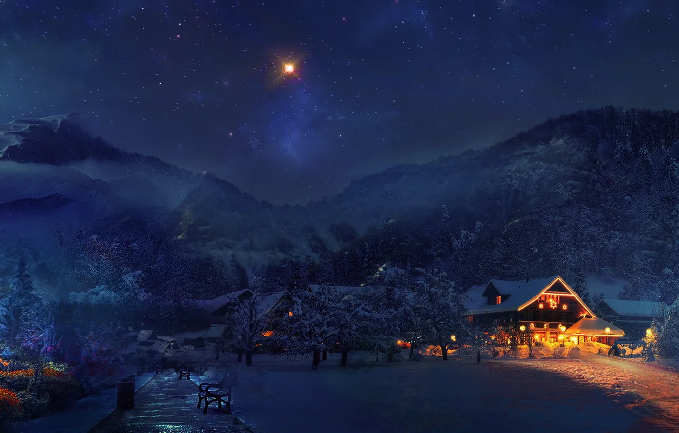 Photo wallpaper winter, forest, snow, trees, mountains, lights, house, vacation