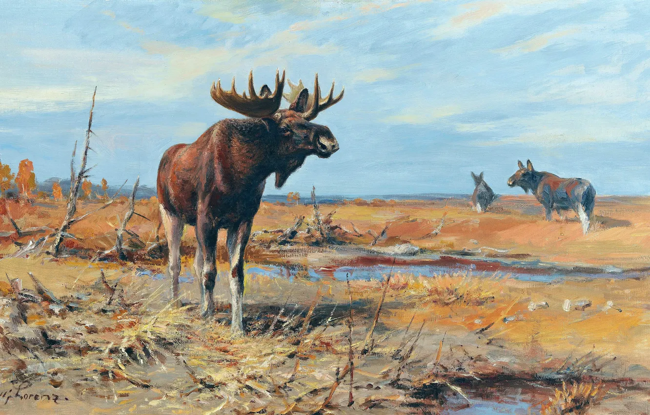 Photo wallpaper Picture, Horns, Moose, German artist, Wilhelm Lorenz, Wilhelm Lorenz
