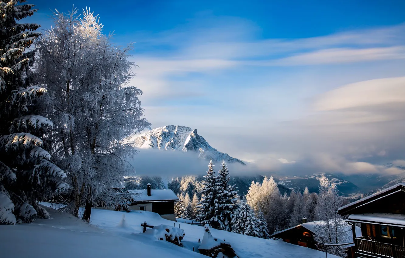 Photo wallpaper winter, clouds, snow, trees, landscape, mountains, nature, village