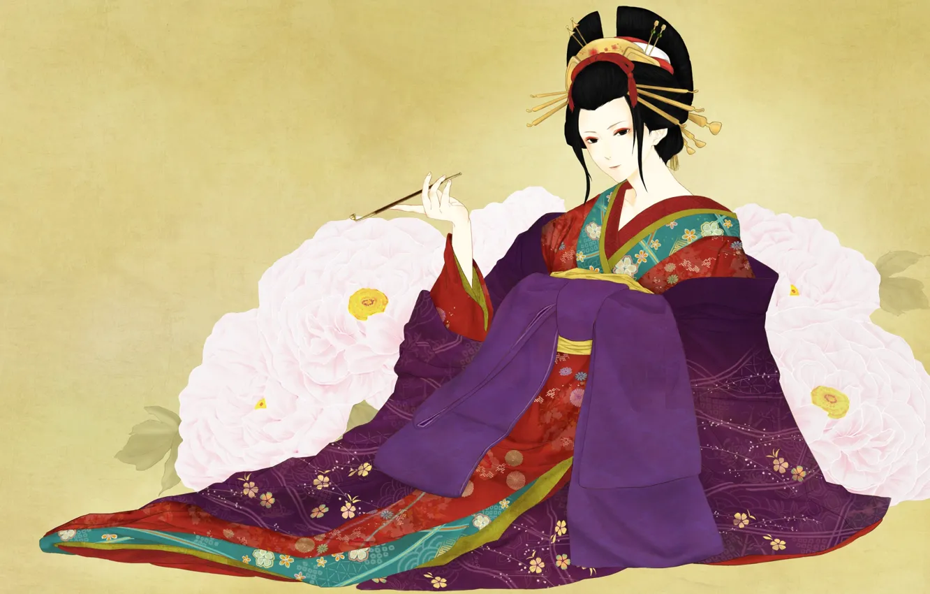 Photo wallpaper girl, flowers, art, geisha, kimono