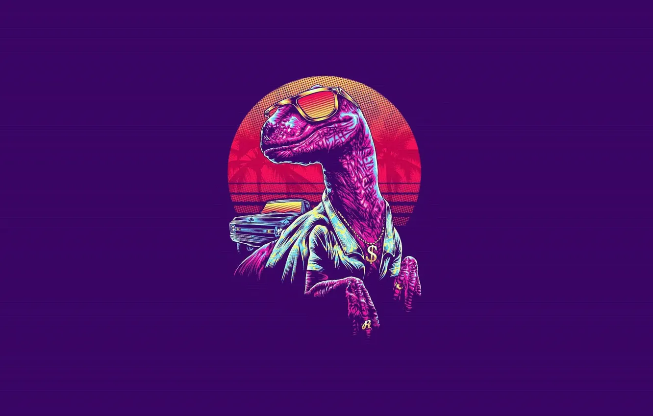 Photo wallpaper dinosaur, minimalism, art, glasses, Neon, Velociraptor, 80's, Synth