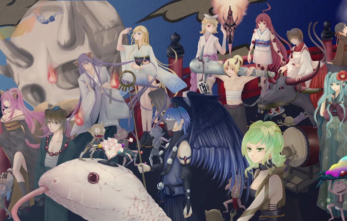 Photo wallpaper girl, skull, wings, men, art, horns, guy, vocaloid