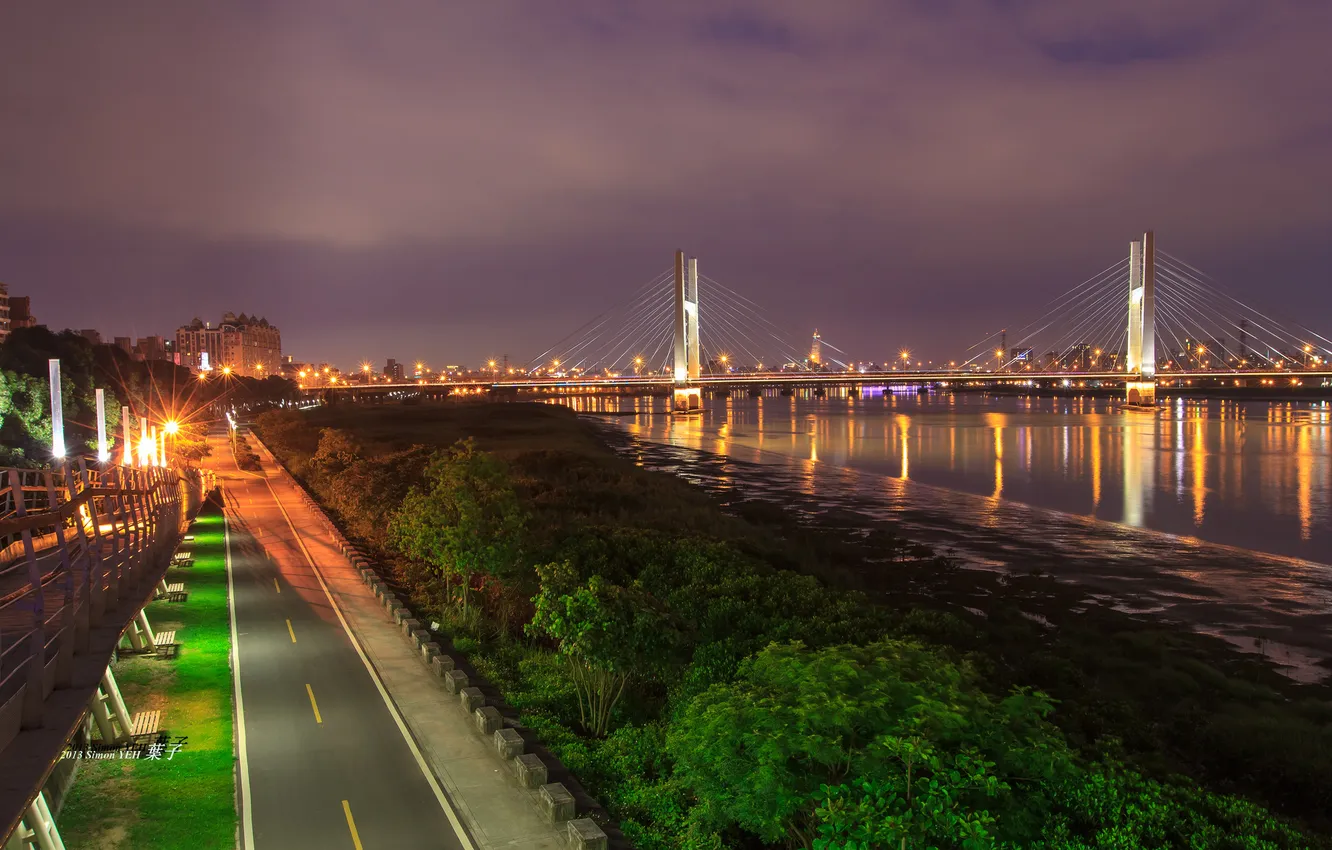 Photo wallpaper night, bridge, the city, lights, river