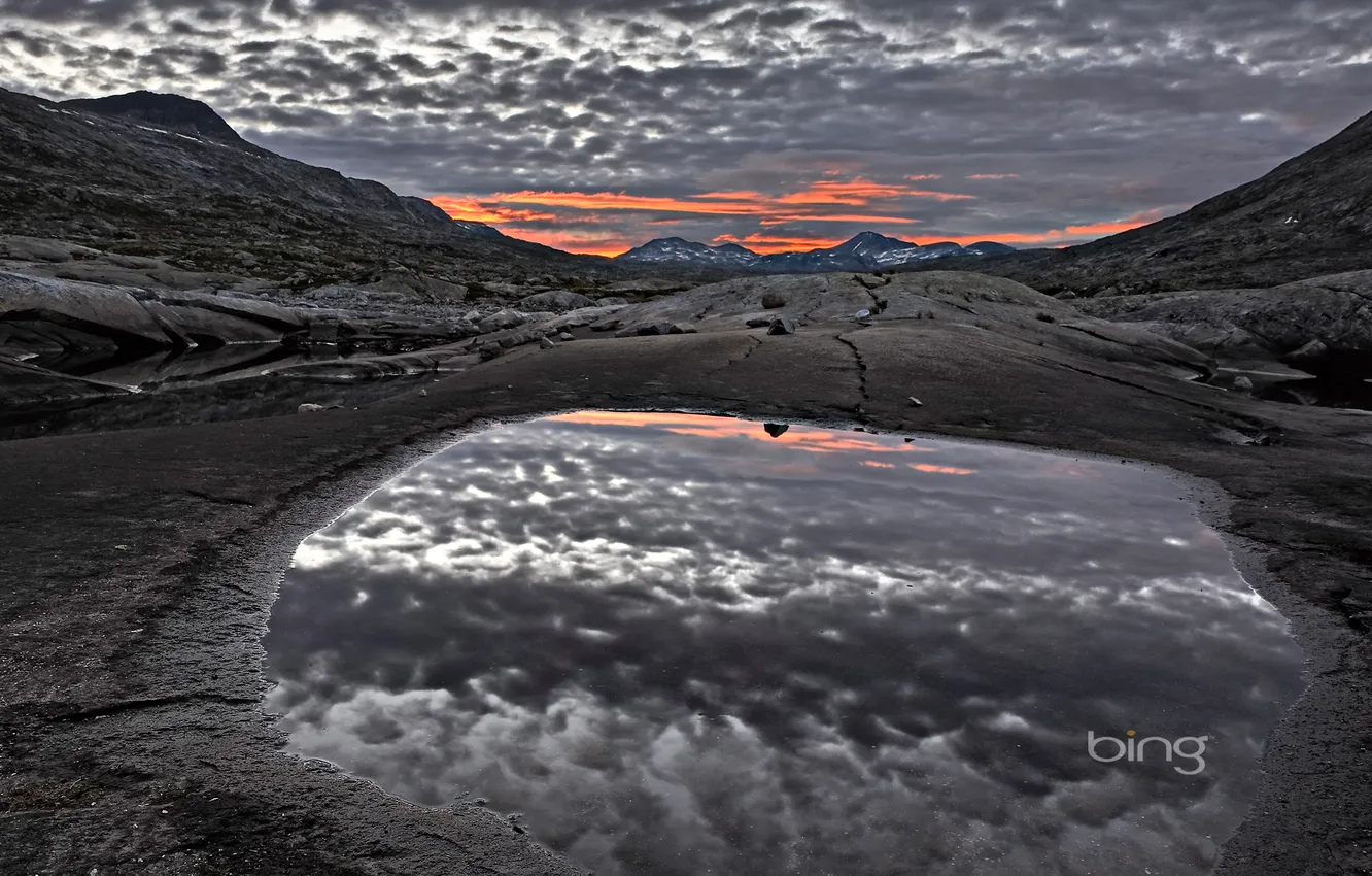 Photo wallpaper the sky, clouds, sunset, mountains, lake, Norway, Norway, Jotunheimen National Park