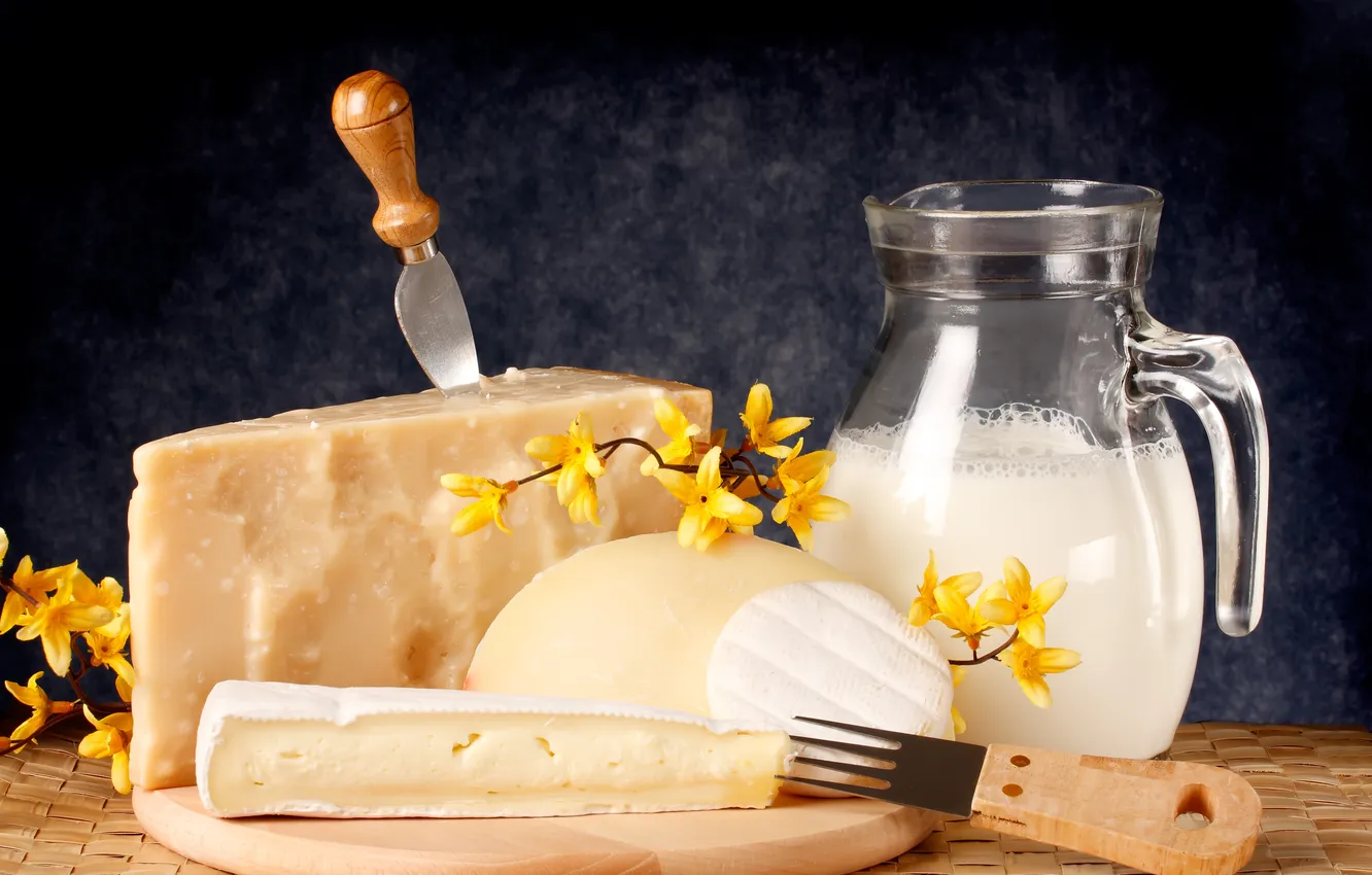Photo wallpaper flowers, cheese, milk, knife, flowers, milk, knife, cheese